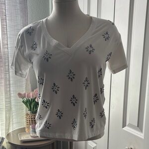 White House Black Market White Short Sleeve V-Neck Top with Jewel Accents